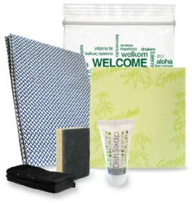 20 Kit di benvenuto KRES212B 4 pezzi per residence, case vacanze, appartamenti e campeggi. Contiene: Detersivo piatti, spugna piatti, panno pavimenti, panno spugna, sacco immondizia.