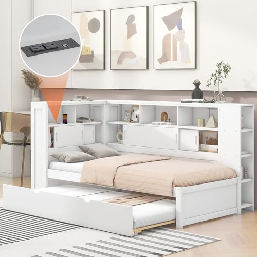 KecDuey Holzbett, 90x200cm(90x190cm) Plattformbett mit Staufach mit USB, Kinderbett mit Lattenrost,Regal, Gästebett mit Ausziehbett, Jugendbett (Weiß, 90x200cm(90x190cm))