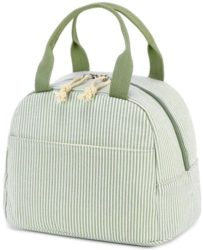 Bluboon Lunch Box for Women Cute Lunch Bag Reusable Insulated Lunch Bags Large Capacity Lunchbox Cooler for Work Picnic or Travel Gifts (A Sage Green White Stripes, 10 x 7.5 x 8 inches)