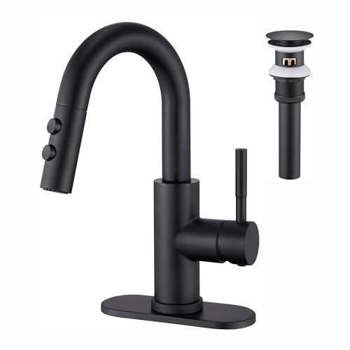 Kablle Bathroom Sink Faucet with Pull Down Sprayer, Matte Black Single Handle Pull Out Faucet with Pop-Up Drain, 1 or 3 Hole Laundry Bar Basin Faucet with Deck Plate, KBL-7002B-CL2