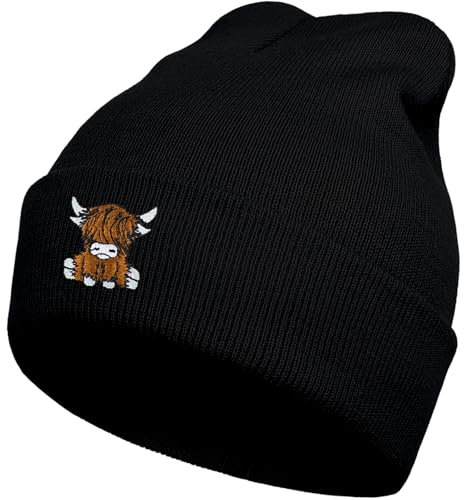 gswirmchsq Beanie-Mütze mit schottischem Hochlandkuh, schwarz, niedliche lustige Kuh-Stickerei, Winter-Strickmütze für Erwachsene, Männer und Frauen, Schwarz