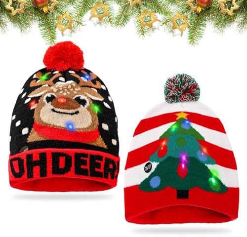 Pack De 2 Gorros Navidad LED, Gorro Papa Noel Unisex, Sombrero De Santa Con Luz Para Niños, Gorro De Punto, Alce De árbol De Navidad, Gorro Navidad Para Fiestas Navideñas, Reuniones Familiares