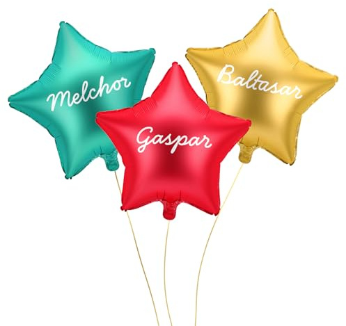 OH YEAH - Set 3 Unidades Globo Foil Estrella con Vinilo Blanco - Nombres Reyes Magos - Decoración Reyes Magos - Apto Helio y Aire - Estrellas Verde, Rojo y Oro - FÁCIL MONTAJE