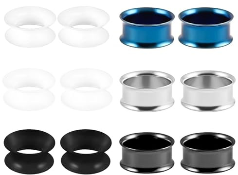 JENCVNL 6 Pair Ear Tunnel Plugs Set, Stainless Steel Ear Tunnels Flexible Silicone Plugs Expander Double Flared Tunnel Ear Stretcher Piercing Jewellery Unisex, Gauges 3-20mm(10mm)