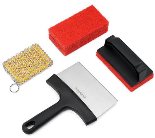 onlyfire Kit de Limpieza de Parrilla, 3 Estropajos, Un Mango, Limpiador de Hierro Fundido y Rascador de Barbacoa, Kit de Limpieza de Barbacoas para Plancha, Parrilla y Ollas de Hierro Fundido