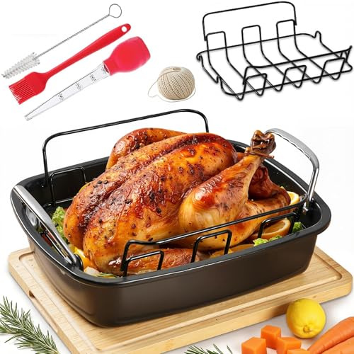 Large Nonstick Roasting Pan Kit with Rack (17x13 Inch) - Includes Baster, Pastry Brush & Twine for Turkey, Chicken, Ham - Even Heating, Easy Clean, Dark Grey