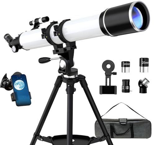 Telescopio, 90 mm Apertura 900 mm Telescopio Astronómico Profesional para Adultos Principiantes, Telescopio Refractor Portátil con Trípode,Teléfono Adaptador, Bolsa (Blanco)