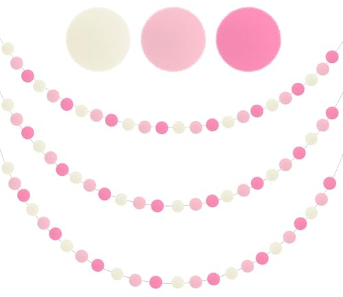 Guirnaldas De Pompones De Fieltro, Decoración Cumpleaños, Bolas De Fieltro, Decoración De Fiestas con Pompones, 3 Piezas, para Decoración De Dormitorio, Cumpleaños, Boda, Fiesta (Blanco Y Rosa)