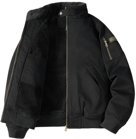 Herr arbete cargojackor, sherpa fodrad bruksrock tjock varm vinterjacka, vardaglig dragkedja utomhus flyg bomberrock, Svart, L