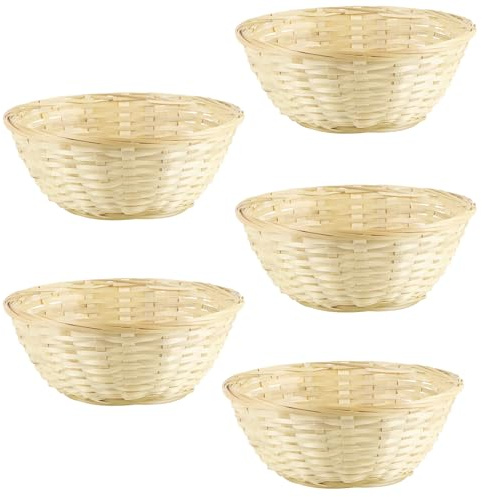 TenaLucy 5 Piezas Cestas Mimbre Tejidas, Redondas Cesta Regalo Vacía Pascua, Boda Jardín Decoración, Cesta para Huevos de Pascua Tejida a Mano con Bambú para Huevos de Easter Basket Panecillos Regalos