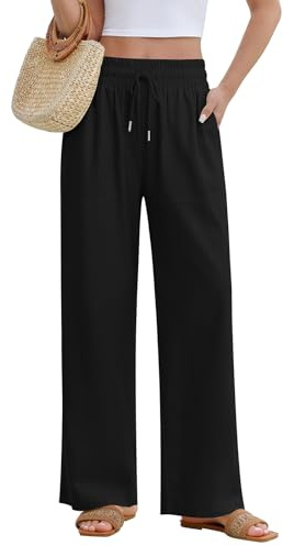 Fashora Pantalon Lin Femme Pantalon Large Été Elastique Taille Haute Pantalon Fluide Ample Décontractée Palazzo Pants Plage Pantalons Elegant avec Poches (Noir, XL)