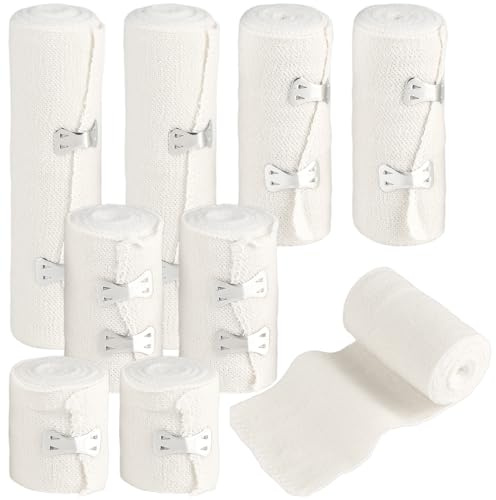 8 stycken elastiskt bandageset – 4 bredder (5/7/10/15 cm) 2 rullar vardera, fixeringstejp 4,5 m sträckt med metallklämmor | kompressionsbinda för handled, fotled, knä och bandage