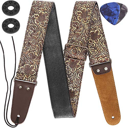 Gitarrrem, stämplat läder gitarrrem PU-läder western vintage 60-tals retro, Brons, Adjustable length from 37 to 62