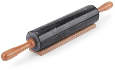 Flexzion Marble Rolling Pin Heavy Nonstick Stone Dough Roller - 10 Inch Polished Barrel with Wooden Handles & Cradle Stand for Baking Pastry Bread Pizza Cookies Pie Crust Pasta Tortillas (Black)
