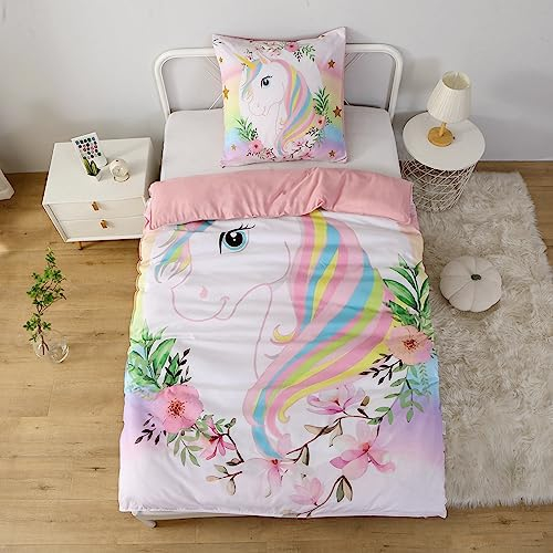 MUSOLEI Einhorn Bettbezug und Kissenbezug für Kinder Rosa Violett Blau Weiß Grün himmelblau und Regenbogen-Einhorn Weiches und Hautfreundliches Material mit Reißverschluss (Rose,Einzelbett)