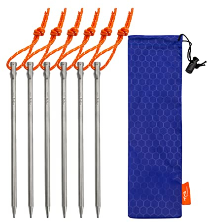 TiTo Titanium Zeltheringe Heringe Sandheringe,Ultralight Heavy Duty Titan Legierung Zelt Stakes Pegs mit Bändchen und Aufbewahrungsbeutel für Garten Nägel Camping Angeln Wanderunge(Titan 6*165-6pcs)