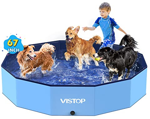 VISTOP Extra Large Foldable Dog Pool XXL, Hard Plastic Shell Portable Swimming Pool for Dogs Cats and Kids Pet Puppy Bathing Tub Collapsible Kiddie Pool (67inch.D x 11.8inch.H, Blue)