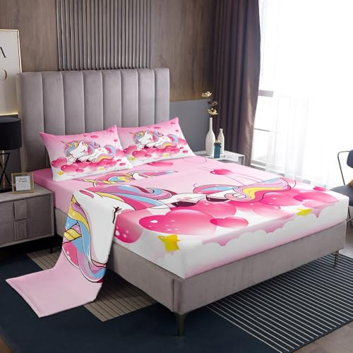 Set di biancheria da letto per ragazze con motivo unicorno, Cuore da sogno, Rosa, per bambini, ragazzi, adolescenti, colori arcobaleno, letti magici per animali, unicorno fantasy, lenzuola, camera, 3