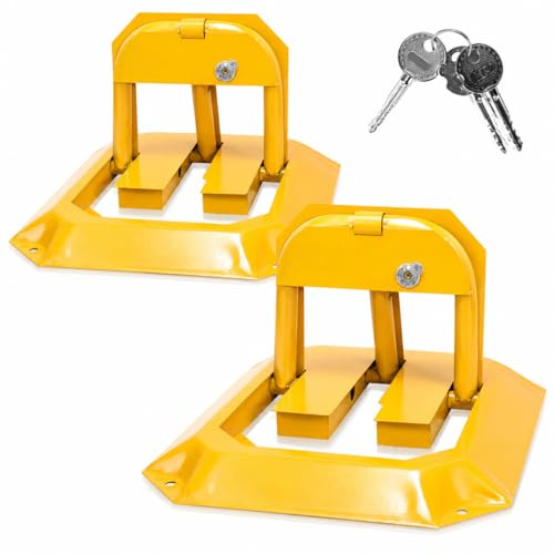 Uggleke parkeringsspärr 2 x parkeringsspärr med 6 nycklar, fällbara parkeringsplintar med 8 expansionsskruvar, universellt parkeringslås poller låsbar i metall gul, parkeringsspärr