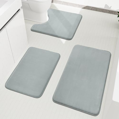 chakme Badezimmerteppich Set 3 Teilig, Weiche Memory-Schaum Badematte und U Förmige wc Vorleger, Badteppich rutschfest Waschbar, Badvorleger Set Hellgrau