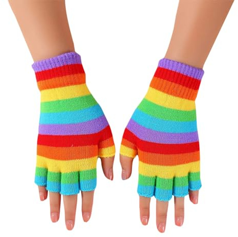 FSSTUD 1 Pair Rainbow Striped Fingerless Gloves Half Finger Knit Gloves Warm Typing Mittens Colorful Winter Thermal Gloves