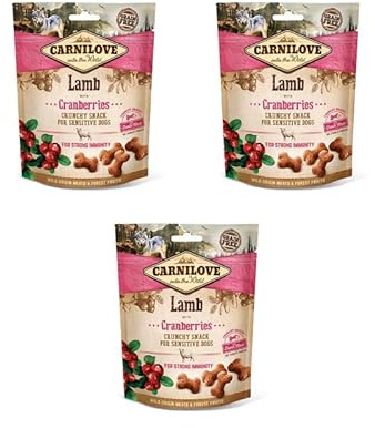 Carnilove Snack Crujiente Cordero con Arándanos | Paquete Triple | 3 x 200 g | Snack con Cordero y Arándanos para Perros | Arándanos como Fuente Natural de antioxidantes