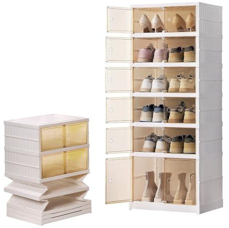 Wuciray Schuhboxen Faltbar Schuhschrank Schuhregal Klappbarer mit Magnetischer Tür für 12 Paar Bis Größe 46 Geschlossen Hoch Aufbewahrungsboxen Schuhe Schuhaufbewahrung Transparente Schuhkarton