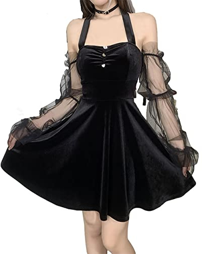 XKBHYD Robe gothique pour femme - En velours - Dos nu - Mini robe transparente à manches longues - Dos nu - Costume d'Halloween sexy, Noir , M