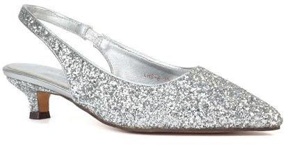 ESSEX GLAM Women's Silver Glitter Slingback Court Shoes Ladies Kitten Low Heel Point Toe Classic Wedding Party Evening Closed Toe Pumps Size 6