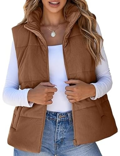 Saklifuo – Gilet matelassé à capuche pour femme en velours côtelé, col montant, sans manches, avec fermeture éclair, veste courte 2024, marron, M