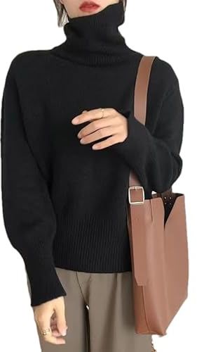 Suéter de cachemira de cuello alto para mujer, casual, básico, de punto, de manga larga, holgado, Negro, XL