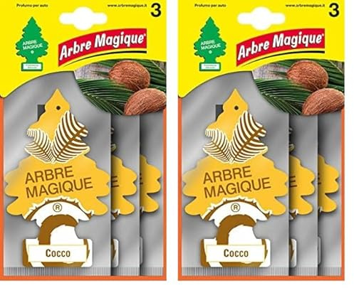 Arbre Magique, Profumatore Auto, Fragranza Cocco, Profumazione Esotica e Fruttata, Durata fino a 7 Settimane, Made in Italy, Formato Multipack da 3 Pezzi (Confezione da 2)
