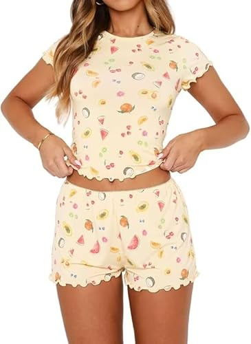 LACOZY Women 2 Piece Pajamas Summer Outfits Y2k Sleeveless Vest Crop Tops Floral Shorts Pants Set Sleepwear Casual Nightwear Yellow L