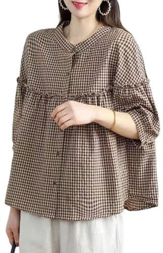 utcoco Womens Plaid Button Down Shirts Casual Loose Fit 3/4 Sleeve Gingham Top Checkered Blouses (Medium, Coffee)