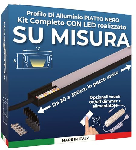 AFTERTECH - Barre LED Profilé Aluminium Plat NOIR FABRIQUÉ SUR MESURE au centimètre de 20 à 300 cm en une seule pièce - LUMIÈRE PUISSANTE 19,2 w/m 180 led/m - PERSONNALISABLE - Sous meuble de cuisine