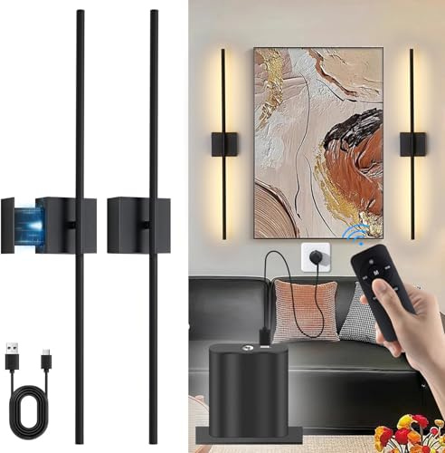 Batterivägglampa inomhus, USB-C uppladdningsbar LED-vägglampa med fjärrkontroll, dimbar touch trådlösa vägglampor batteri 8000 mAh, 350° roterbar för vardagsrum sovrum, svart 80cm 2 stycken