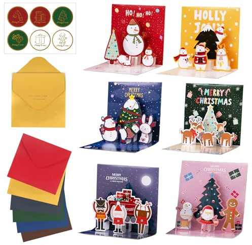 CHIHOLEN 6 tarjetas de Navidad 3D desplegables, divertidas tarjetas de Navidad 3D con sobre y pegatinas, tarjetas plegables de Navidad con diferentes motivos desplegables
