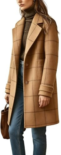 Abrigo De Mezcla De Lana De Invierno para Mujer Chaqueta De Cuello con Muescas De Botonadura Sencilla Largo Medio Abrigo Retro A Cuadros Abrigo De Talla Grande Elegante para Otoño E Invierno Color