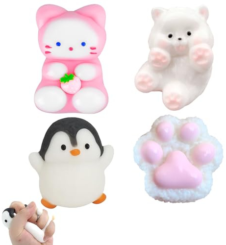 LINXINS 4Pcs Taba Squishy Set Fufu Squishy Squeeze Toy Penguin Cat Puppy Cute Cat Paw Sensory Squishy Toys Anxiety Stress Relief for All Age