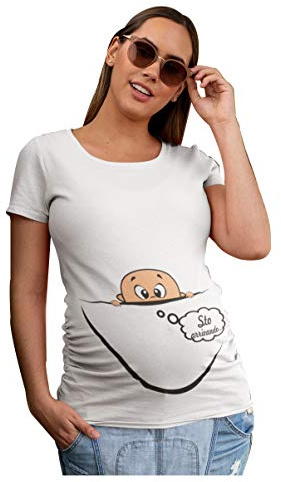 fashwork T-Shirt Donna Premaman Divertente STO Arrivando - maternità con Stampa Bimbo Che esce dalla Zip - Idea Regalo Futura Mamma, Gravidanza e Baby Shower