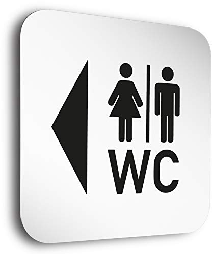 Carteles de aluminio para puerta de clase extra. • WC links • Cartel para inodoro en el tamaño 150 x 150 mm • Particularidad: espaciador invisible de 5 mm que le da al cartel un exclusivo efecto