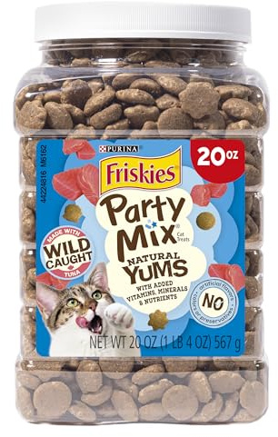 Purina Friskies Natural Cat Treats, Party Mix Natural Yums With Wild Caught Tuna and Added Vitamins, Minerals and Nutrients - 20 oz. Canister