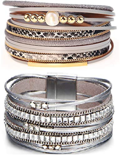 Suyi Conjunto de pulsera de cuero multicapa 2 piezas pulsera de perlas brazalete brazalete con hebilla magnética para mujer, One Size, Cuero Perla piel