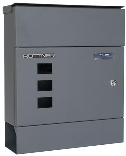 Rottner cassetta delle lettere Globe, serratura a cilindro con 2 chiavi, grigio antracite, supporto per giornale, targhetta portanome, finestrelle di ispezione