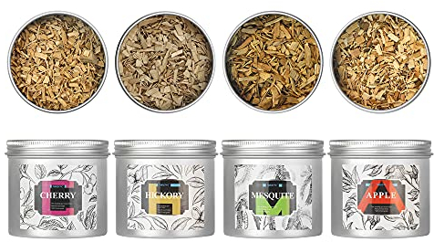 TMKEFFC Copeaux de Bois pour Fumage Parfait pour Fumoir de Cuisine, Wood Chips 4 OZ * 4 – 1 Mesquite, 1 Cherry, 1 Apple, 1 Hickory