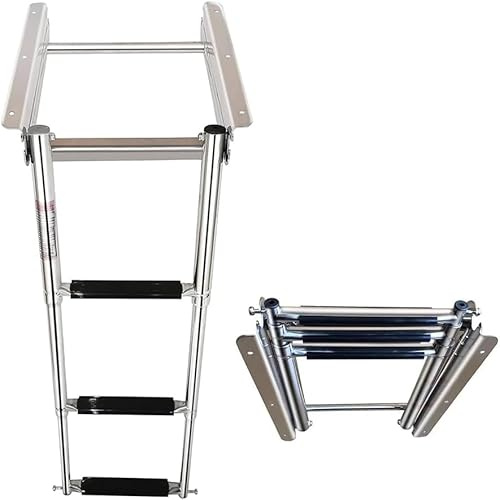 Mojiate Made 3 Step Telescoping Folding Boat Ladder Boarding Stepladder with Press-Type Spring for Boat Yacht Swimming Pool and More, Rated to 400 Pounds