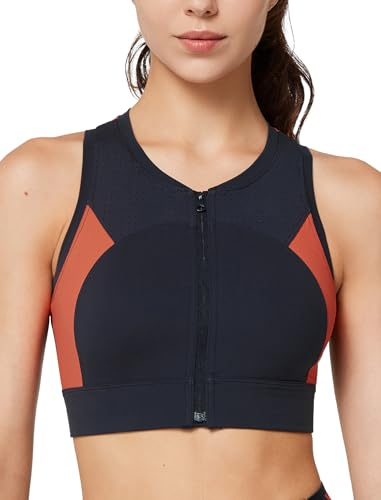 Yvette Sport BH Damen Starker Halt Sport-Tshirt mit Vorderverschluss Ringerrücken Lauf Fitness Bra, Navy, M