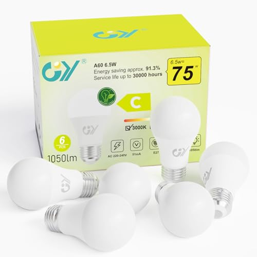GY E27 Led Warmweiss Glühbirne, 6.5W 1050LM Energiesparlampe, Ersetzt 75W lampen, Energieeffizienzklasse C, A60 Led Warmweiß, Abstrahlwinkel 280°Leuchtmittel, Nicht Dimmbar, 6 Stück