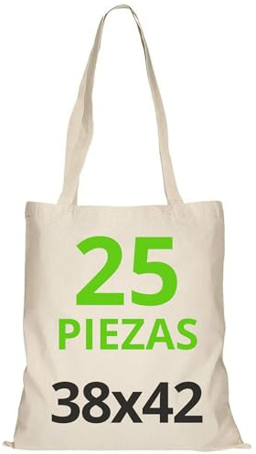 URBAN 5884 Borse Shopper Cotone 38x42cm, Borse in Cotone non Stampate, Manici Lunghi, Sacchetti per la Spesa Riutilizzabili, Set da Stampare o Dipingere, Naturale, 25 pezzi