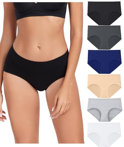 wirarpa Bragas Mujer Algodón Elástico Braguitas Cintura Media Ropa Interior Suaves y Cómodas Pack de 6 Negro,Gris,Azul Marino,Gris Claro,Blanco,Beige Talla L
